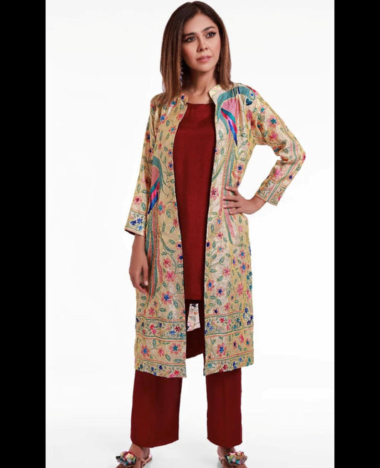 Multicolored Peacock Threadwork Beige Coat