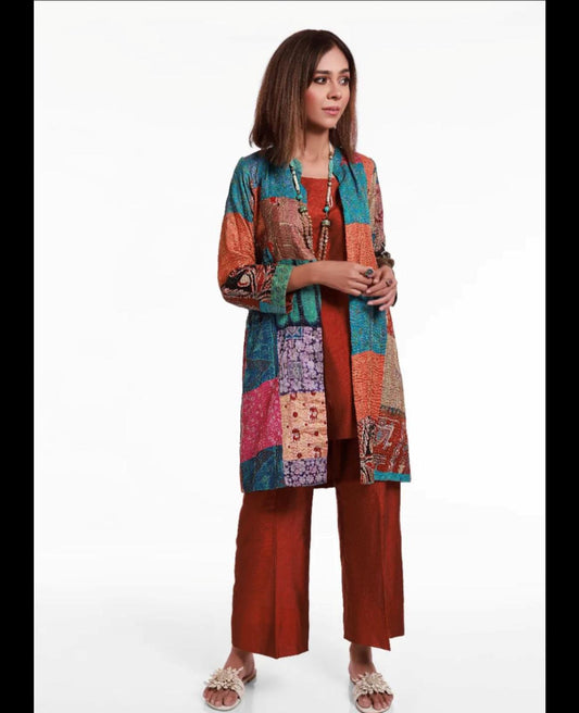 Rust Sleeveless Shirt with Kataankari Coat and Loose Bottoms