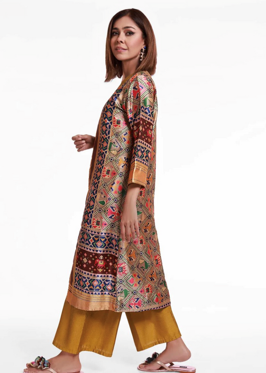 Colorful Silk Long Coat, with Top and Bottoms