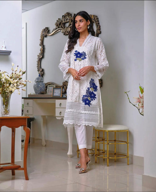 Elegant White Chicken Shirt with Organza & Lace Detailing