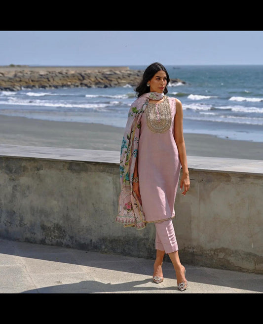 Powder Pink Formal Wear with Mirrored Neck and Dabka Buttons.