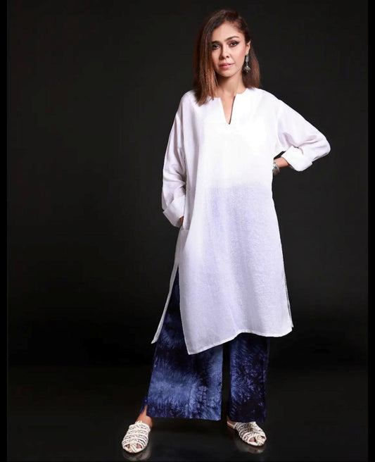 White Kurta with Blue and Black Tie-Dye Culottes